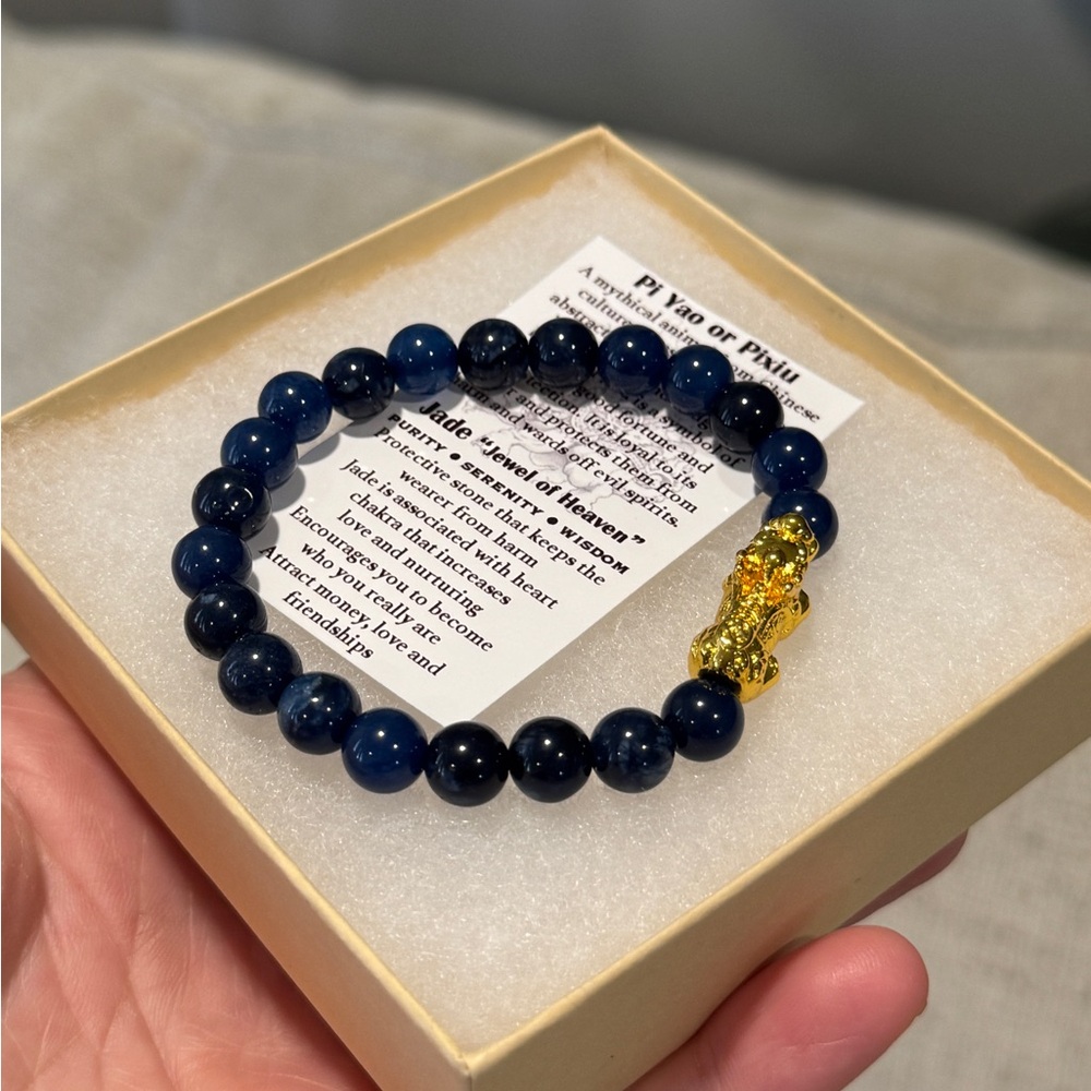24K Gold Plated Deep Blue Jade Piyao Good Luck Bracelet